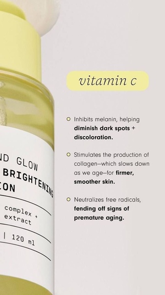 A minimalist 9:16 vertical ad creative highlighting the key biological benefits of a Vitamin C serum through a clean text-first layout.